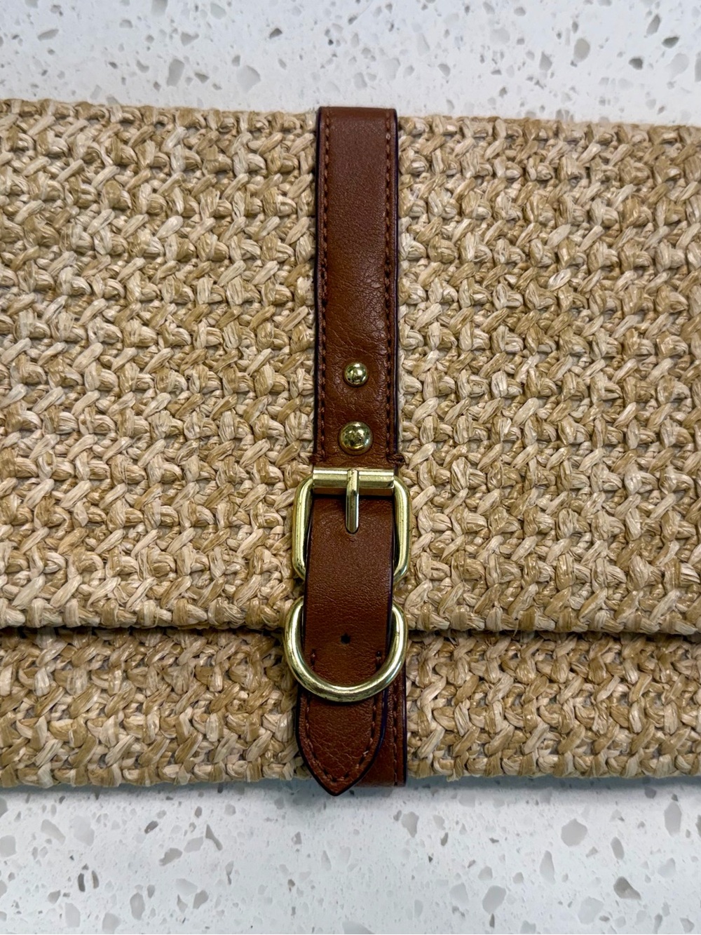Woven Straw Clutch with Brown Leather Strap and Gold Hardware
